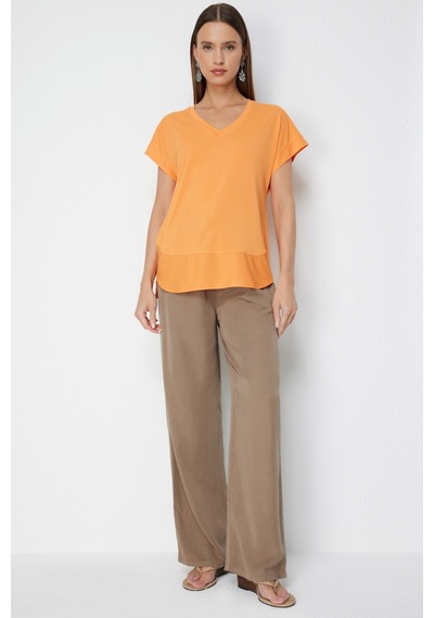 On Kadın V Yaka Parçalı T-shirt 71475 Oranj Turuncu On Kadın V Yaka Parçalı T-shirt 71475 Oranj Turuncu
