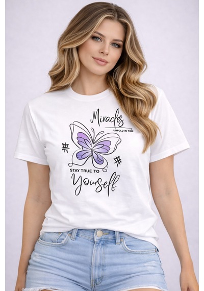 Herkesemoda Stay True Yourself Baskı Detaylı Basic T-shirt Beyaz