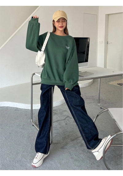 Kadın Nefti Yeşil Staggertly Baskılı Bisiklet Yaka Sweatshirt Nefti Yeşili