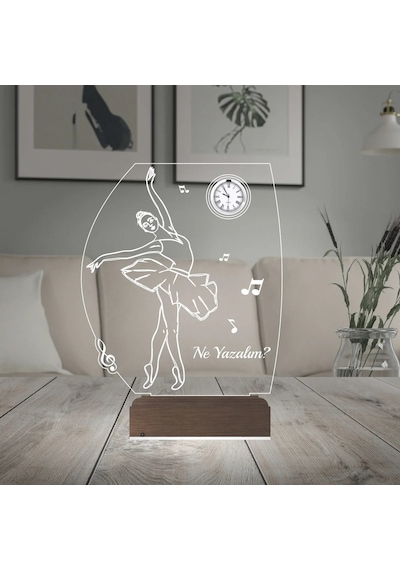 Luvivia Balerin Hediye Bale Nota Tasarım Kişiye Özel Metal Saatli 3d Lamba - Masa Gece Lambası