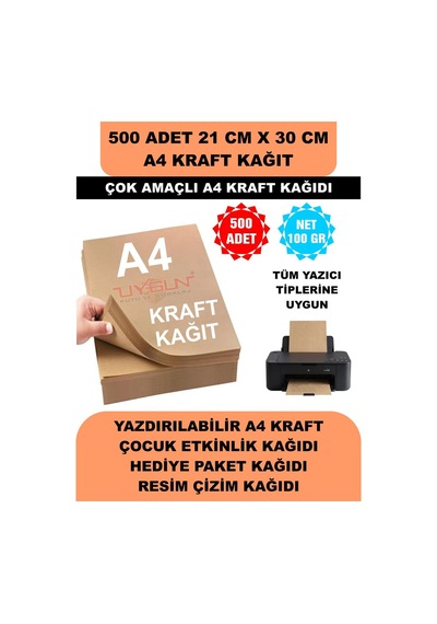 500 Adet A4 Kraft Kağıt 21x30 100 Gr. Yazıcı Uyumlu, Vintage Resim Kağıdı, Çocuk Etkinlik Kağıdı