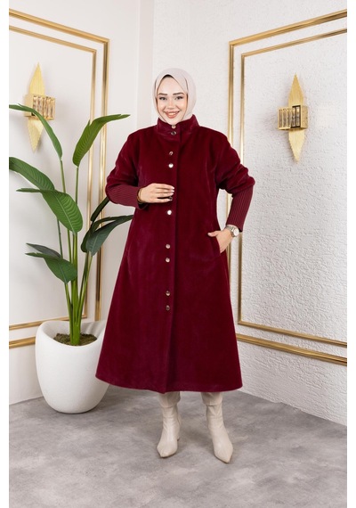 Hb Harma Time Butik Kadın Astarlı Angora Düğmeli Bordo Kaban Bordo Bordo