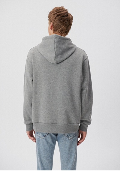 Erkek Mavi Logolu Kapüşonlu Fermuarlı Sweatshirt-gri Melanj Gri Melanj