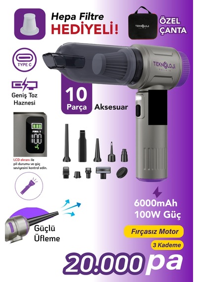 Araç İçi Süpürge Kablosuz Işıklı Göstergeli 20.000 Pa 9başlık Yedek Filtre Çantalı Çekim&üfleme 2in1