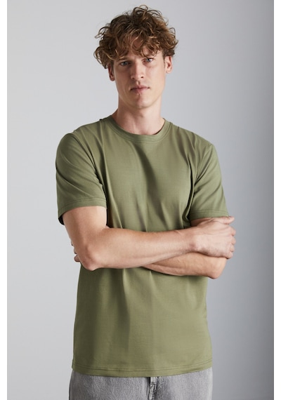 Grimelange Solo Erkek %100 Organik Pamuklu Kalın Dokulu Comfort Fit Bisiklet Yakalı Haki T-shirt