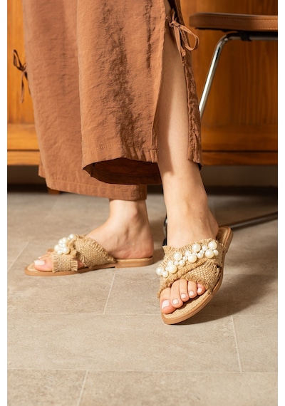 Dabab Shoes Mırella Kadın İncili Hasır Dokulu Düz Şık Bej Terlik