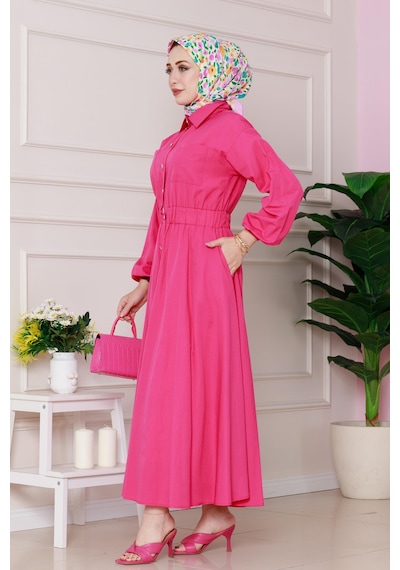 Sevitli Beli Lastik Detaylı Yasemin Elbise-pembe-4822 Pembe