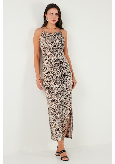 Lela Slim Fit Yırtmaç Detaylı Midi Boy Bayan Elbise 5866224 Leopar