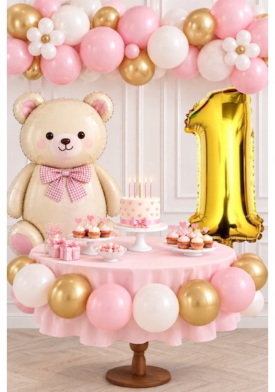 1 Yaş Retro Papyonlu Folyo Krem Ayıcık Pembe Gold Beyaz Balon Gold Rakam Doğum Günü Kutlaması Altın - Krem