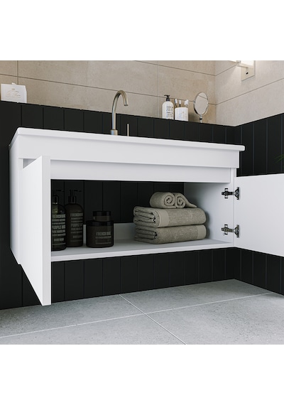 Banos Ld3 Ayaksız 2 Kapaklı Lavabolu Beyaz 100 Cm Banyo Dolabı Beyaz