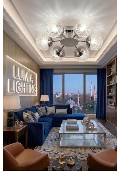 LumiaLighting Küre Model Gümüş 6"lı Kumandalı Ledli 3 Renk Modu Kristal Salon Mutfak Yatak Çocuk Odası Avize Altın