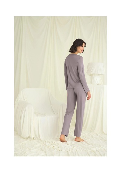 L'ombre Yakası Kolu Ve Omzu Dantelli Boydan Düğmeli Pijama Takımı Gri