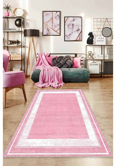 Pembe Çerçeveli Kaymaz Taban Makinede Yıkanabilir Halı Ar532n11