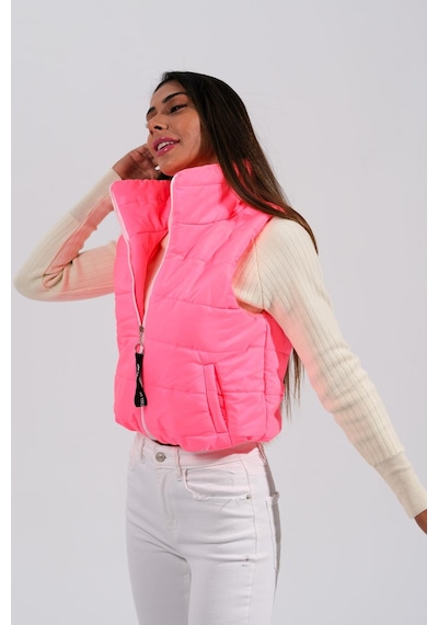 Keyifli Moda Kadın Pembe Sırtı Taş İşlemeli Dik Yaka Kısa Şişme Yelek-pembe Pembe