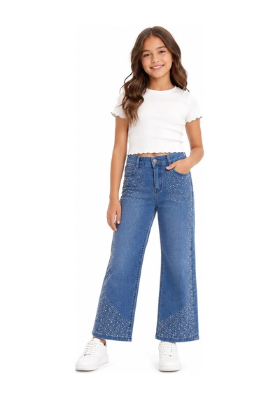 İrem Çocuk Giyim Kız Çocuk Üzeri Taş Detaylı Beli Lastik Ayarlamalı Cepli Geniş Paça Model Likralı Mavi Renk Kot Pantolon Mavi İrem Çocuk Giyim Kız Çocuk Üzeri Taş Detaylı Beli Lastik Ayarlamalı Cepli Geniş Paça Model Likralı Mavi Renk Kot Pantolon Mavi