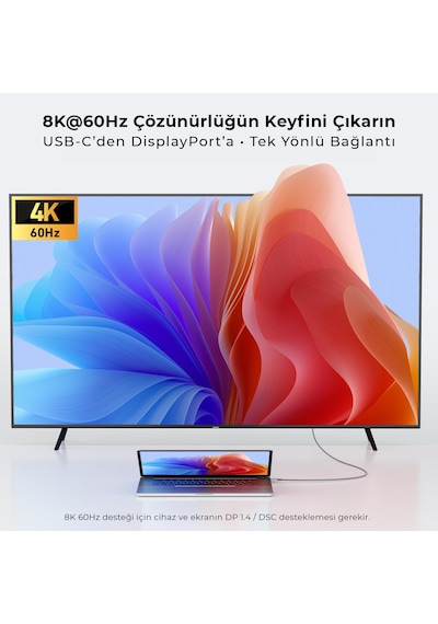 Solke Type C To Displayport 1.4 Kablo 8k 60hz / 4k 144hz Destekli Usb-c To Dp Monitör Kablosu 2 Metre 2 M