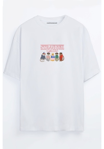 Stranger Cats Baskılı Unisex Siyah - Beyaz -turuncu - Bej Oversize T-shirt Beyaz