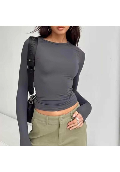 Bisiklet Yaka Basic Uzun Kollu Slim Fit Kadın Body Antrasit