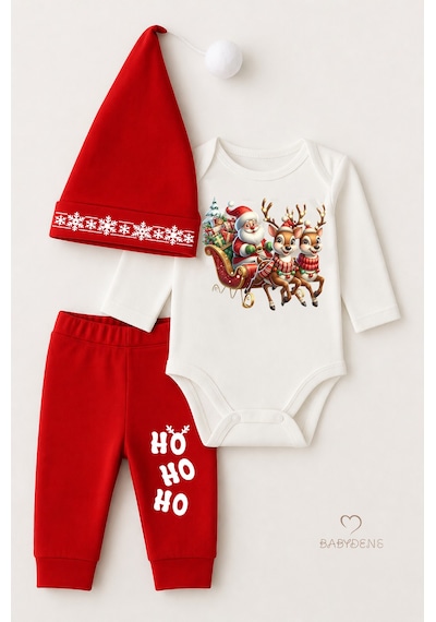 Babyden's Bebek Yılbaşı Noel Kıyafeti 3 Lü Takım,noel Baskılı Uzun Kollu Body ,kırmızı Pantolon,ponponlu Şapka Unisex Kırmızı - Beyaz