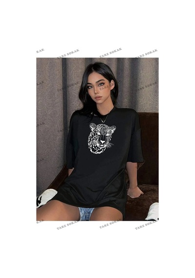 Startmore Kadın Beyaz Leopar Figür Baskılı Oversize Siyah