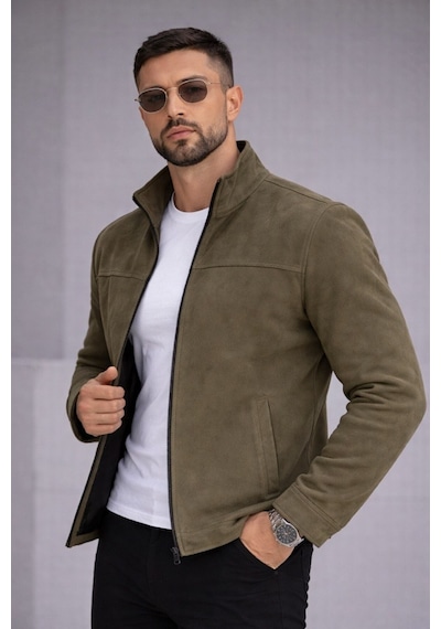 Baselco Slim Fit Dik Yaka Mevsimlik Süet Ceket Haki