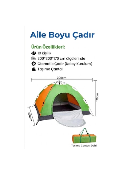 Aile Boyu 10 Kişilik Otomatik Kamp Çadırı - 300x300x170 Cm Kolay Kurulum Deprem Acil Durum Çadır Taşıma Çantalı Çok Renkli Aile Boyu 10 Kişilik Otomatik Kamp Çadırı - 300x300x170 Cm Kolay Kurulum Deprem Acil Durum Çadır Taşıma Çantalı Çok Renkli