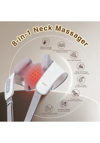 Breo N5 Mini Boyun Ve Omuz Masaj Aleti, Evde Boyun Sırt Derin Boyun Masajı İçin Isı Shiatsu Masaj Yastığı Bej, Boyut2