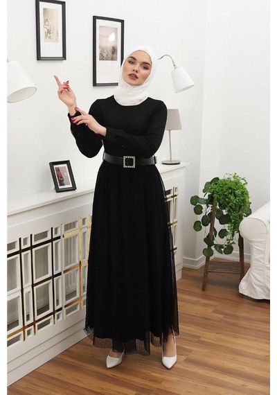 Neşeli Butik Kadın Tül Kemerli Tesettür Elbise Rssn45 - Siyah