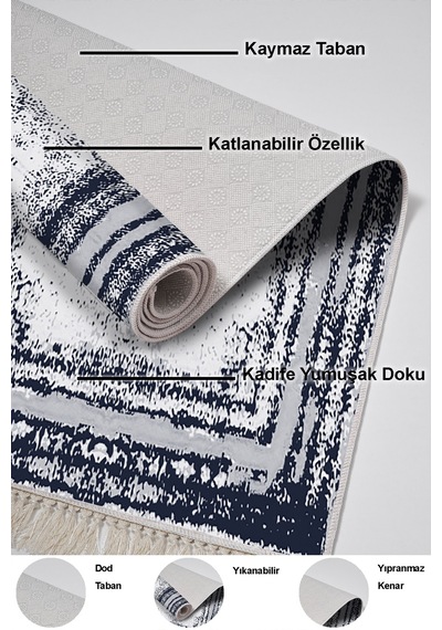Dekoreko Kaymaz Taban Djt Mutfak Halısı Trend Saçaklı Modern M5132 lacivert
