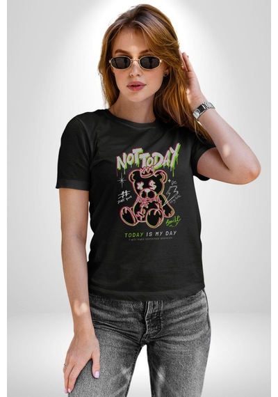 Bugün Değil Unisex Unisex Siyah Organik Baskılı T-shirt Penye Yüksek Kalite Siyah