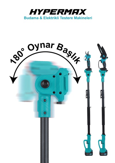 Hypermax DK-911 3'lü Set Çift Akülü 10 Pilli Kömürsüz Teleskopik Kollu Bağ Budama Makası ve Budama Testeresi