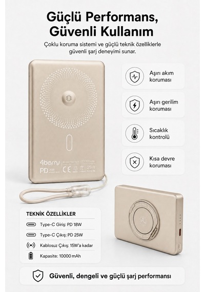 Ym307 10000 Mah Manyetik Kablosuz Powerbank 25w Pd Hızlı Şarj, 15w Kablosuz Şarj Ve 360 Döner Stand Gold
