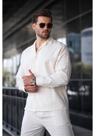 Madmext Beyaz Rahat Kesim Erkek Keten Gömlek Pantolon Takım E7327 Beyaz