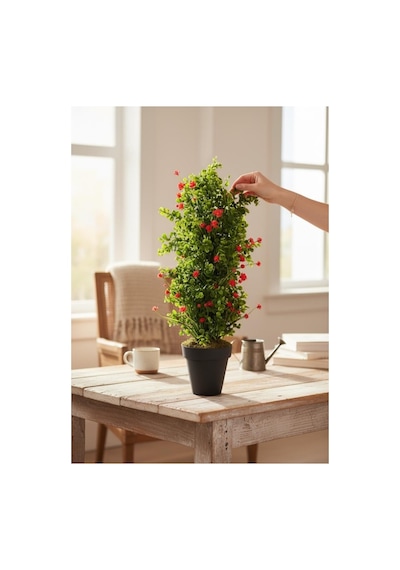 Yapay Çiçek Siyah Saksıda Kırmızı Lotuslu Yeşil Şimşir Ağacı 70 30cm Kırmızı