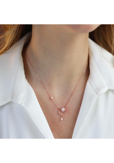 Zambak Çiçeği İnci Detaylı Rose Gold Kaplama Gümüş Kolye Gümüş