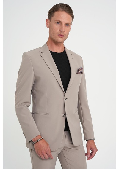 Efor Slim Fit Mono Yaka Fleto Cepli Çift Yırtmaçlı Casual Vizon Ceket C 710 Vizon