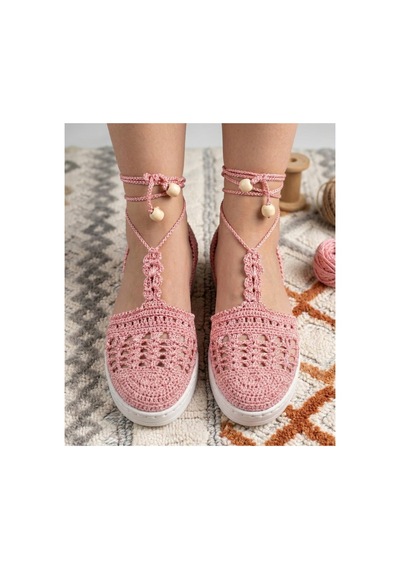Trakyatrend El Örgüsü Pudra Pembe Bohem Sandalet - Bağcıklı Ve Boncuk Detaylı Pembe