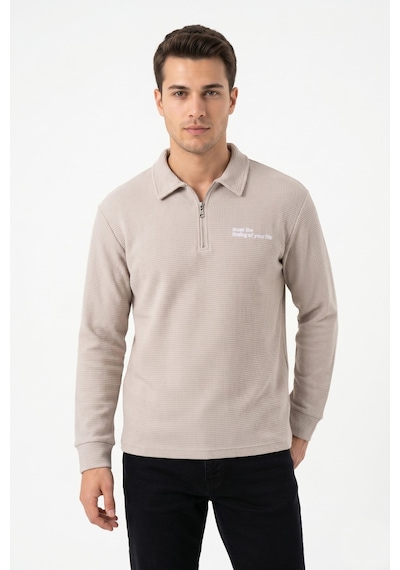 Opınıon Erkek Spor Polo Yaka Petek Dokulu Sweatshırt Bgl-st05442 Taş