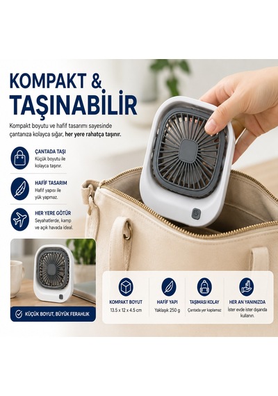 Masaüstü Mini Fan Şarjlı Sessiz Taşınabilir Fan, 3 Kademeli Hız Ayarı, 45 Ayarlanabilir Açılı Kompakt Masa Fanı, 8000 Rpm Güçlü Üfleme, Ofis Laptop Çalışma Masası İçin
