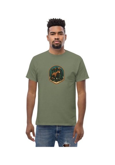 Wildstyle Boz Ayı Renkli Vintage Yaban Hayat Doğa Orman Rozet Baskılı Unisex Bisiklet Yaka Pamuklu Tişört Haki
