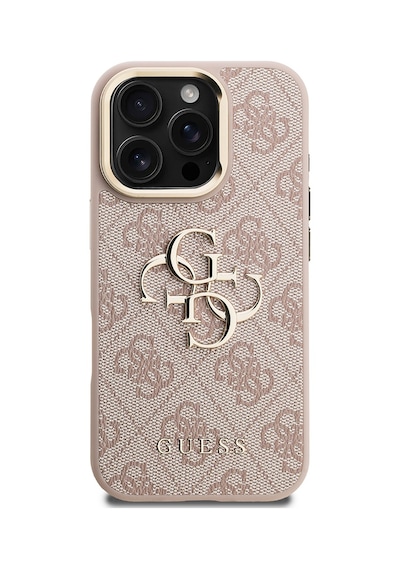 Apple iPhone 16 Pro Max Uyumlu Kılıf Guess Lisanslı Metal 4g Ve Yazı Logolu Kamera Standlı Kapak Pembe