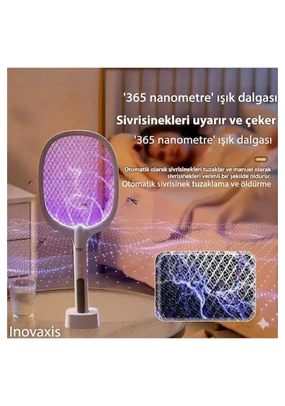 Dijital Ekranlı Şarjlı Sinek Raketi Usb Type-c Elektrikli Standlı El Tipi Mor Işıklı Sivrisinek Öldürücü Black