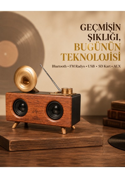 Çift Hoparlörlü Retro Bluetooth Speaker 1800mah Bataryalı Aux Usb Sd Kartlı - Lisinya