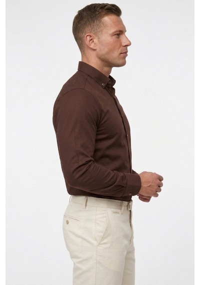 Deepsea Kahve Slim Fit Likralı Kolay Ütülenebilir Gizli Düğmeli Erkek Gömlek 2602614