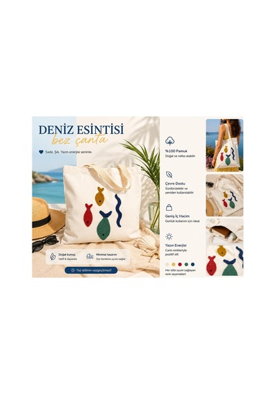 Lumindra Deniz Esintisi Balık Desenli Bez Omuz Çantası Günlük Kullanım, Doğal Pamuk 43 39 Krem Krem