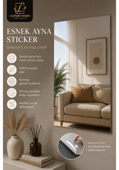 4'lü Set 1 Mm Premium Aynalı Pleksi 20x30 Cm Esnek Yapışkanlı Dekoratif Duvar Süsü Gümüş Gümüş