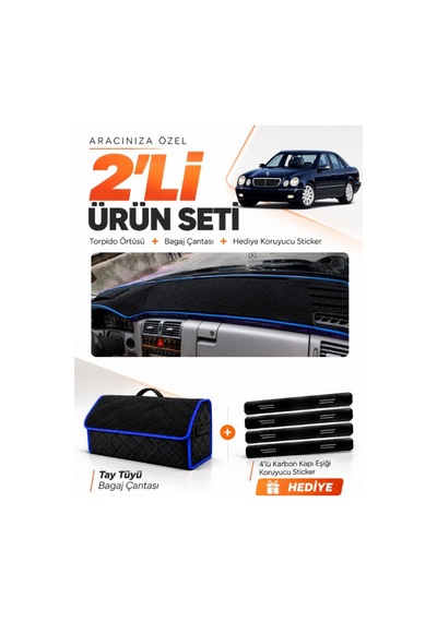 Mercedes W210 E200 1995-2002 Uyumlu Torpido Örtüsü + Tay Tüyü Bagaj Çantası + Sticker - Siyah Mavi