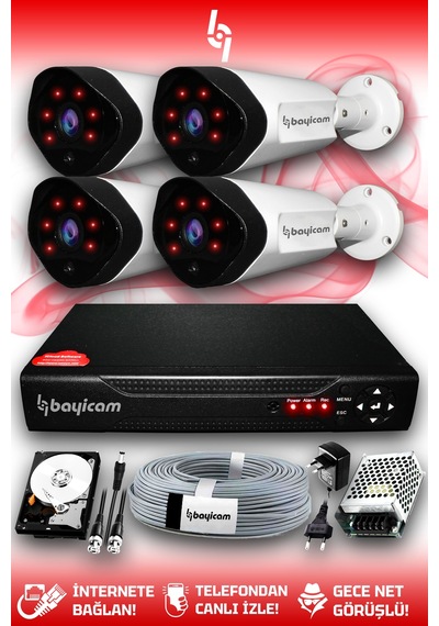Bayicam 4 Kameralı Uzay 4 Dış Kamera Set 2 TB HDD Full HD Gece Görüşlü Güvenlik Kamerası Sistemi