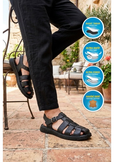Pierre Cardin Siyah Hakiki Deri Erkek Günlük Sandalet Pc-7462 M