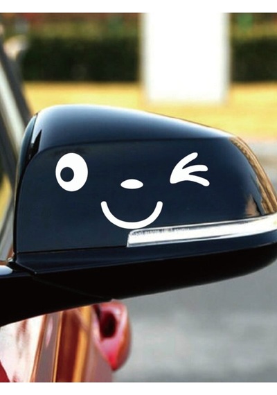 Sevimli Gülen İkonometre Oto Dikiz Aynası Sticker Beyaz 15 14 Cm